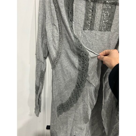 Cha Cha Vente Gray Open Front Lightweight Cardigan Sweater Lace Accents Sz M - Picture 4 of 10